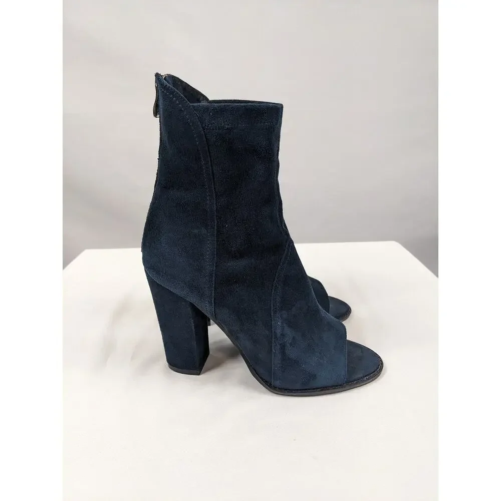 Alias Mae Revolve Booties Navy Blue Suede 9 40 Stretch Peep Toe Block Heel Zip